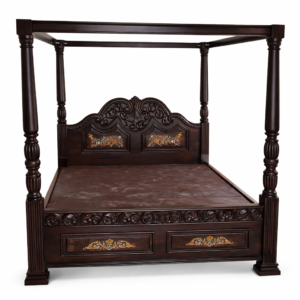 Royal Hand-Carved Four Poster Bed with Inlay Work