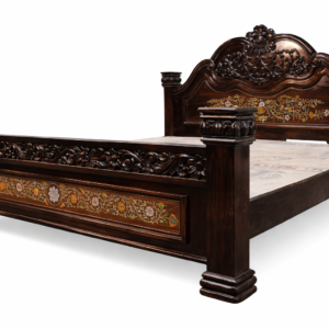 Royal Hand-Carved Wooden Bed with Floral Inlay Work