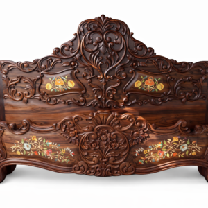 Grand Heritage Hand-Carved Wooden Bed with Floral Inlay