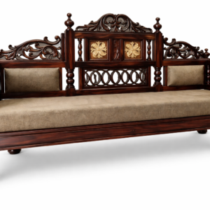 Royal Hand-Carved Wooden Diwan with Upholstered Seating